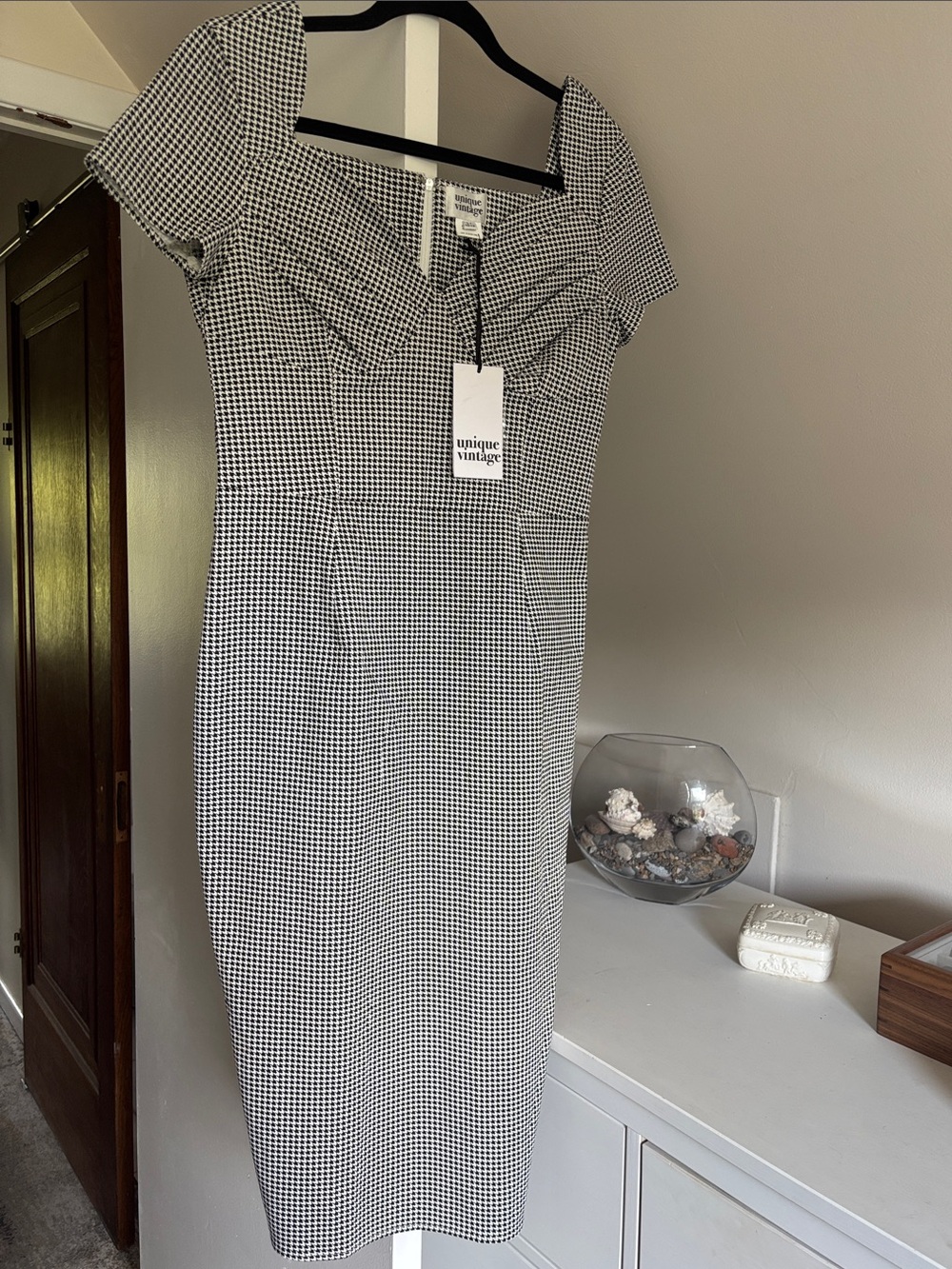 Unique Vintage Black & White Houndstooth Midi Dress